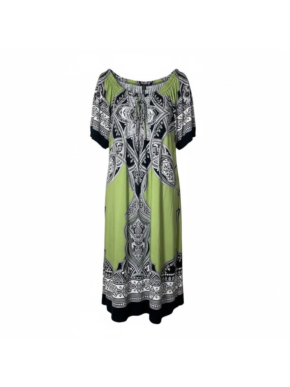 Intermission green and black paisley print off shoulder shift dress size 8 B160